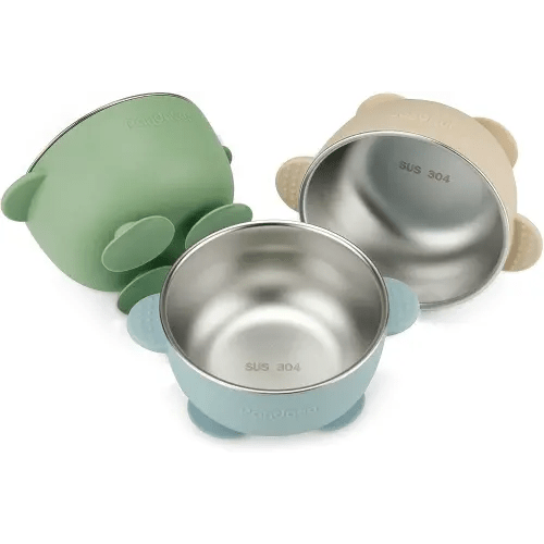 PandaEar 3 Pack Stainless Steel Baby Suction Bowls, Non-Slip Child Food Bowl with Silicone Sleeve for Kids Toddlers Infants, Unbreakable & Mess Free