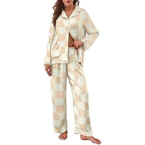 Brosloth Womens Silk Pajamas Button Up Pajama Soft Long Sleeve Satin Printed Loungewear Set