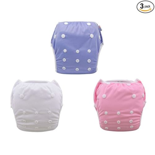 ALVABABY Swim Diapers 3pcs Reuseable Washable & Adjustable for Swimming Lesson & 0-2 Years Purple White Pink 3SWB17