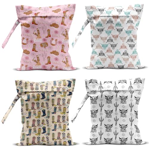4Pcs Waterproof Wet Bag for Swimsuit, Travel Beach Wet Dry Bag, Hidden Zipper Reusable Western Cowgirl Decor, for Travel Beach Wet Swimsuits Toiletries Diapers Laundry Bag