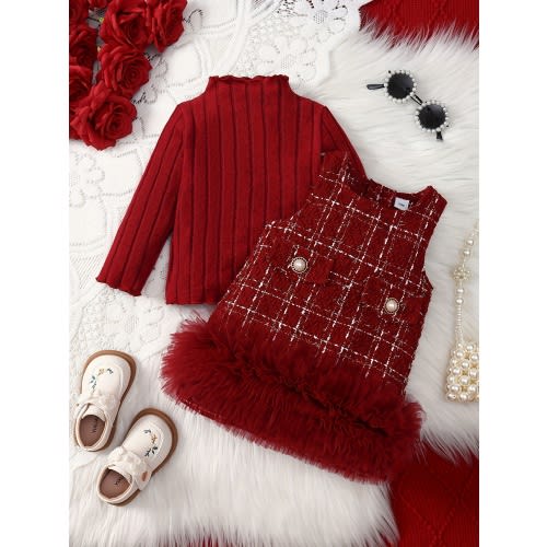 18-24mths Baby Girl Little Fragrant Skirt Set Red Long Sleeve Small Stand Up Collar Slimming Top+Sleeveless Red Little Fragrant Pearl Buckle Fake Pocket Red Mesh Skirt Bottom Lace, Perfect for Outdoor