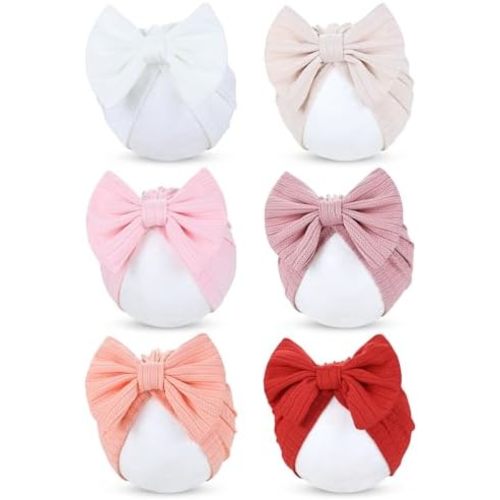 Cinaci 6 Pack Nursery Hospital Caps Bonnets Beanies Headwraps Turban Hats with Bow for Baby Girls Newborns Infants Toddlers