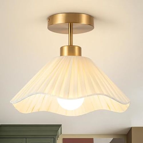 Semi Flush Mount Ceiling Light, 12" Ceiling Light Fixture with Flower, Fabric Shade Modern Ceiling Light Fixture, E26 Base Gold Hallway Close to Ceiling Lamps for Bedroom, Kitchen,Porch, Entryway