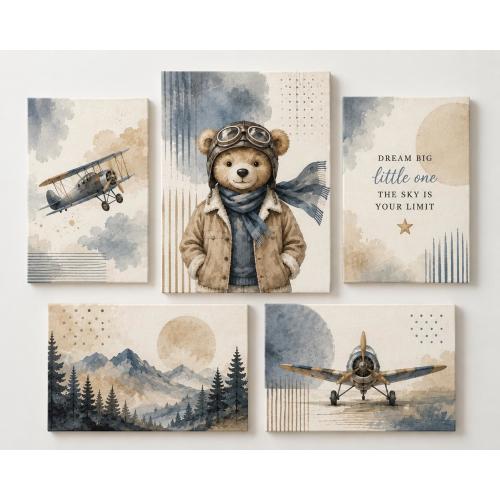 Vintage Airplane Nursery Wall Art Set, 5 Piece Boys | Girls Nursery Canvas Decor, Aviator Bear Art, Blue or Pink Baby Room Decor
