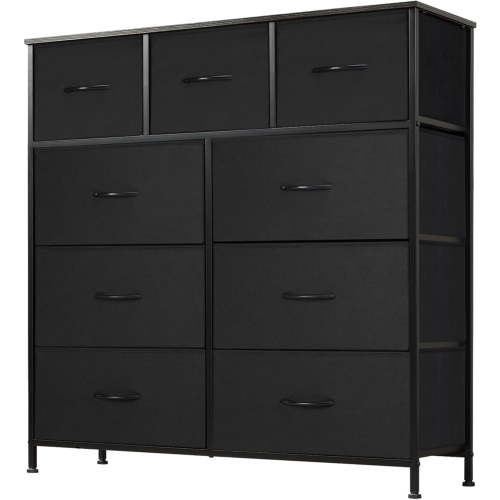 Dresser for Bedroom, Chests of Drawers, Storage Organizer with 9 Drawers, Sturdy Metal Frame, Wood Tabletop for Guest Room, Closet, Entryway, Nursery, Black