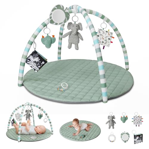 Blissful Diary Baby Play Gym Mat, Play Mat Activity Mat with 6 Detachable Toys for Stage-Based Sensory & Motor Skill Development, Easy to Install & Clean, Baby Essentials Gift, Sage Green