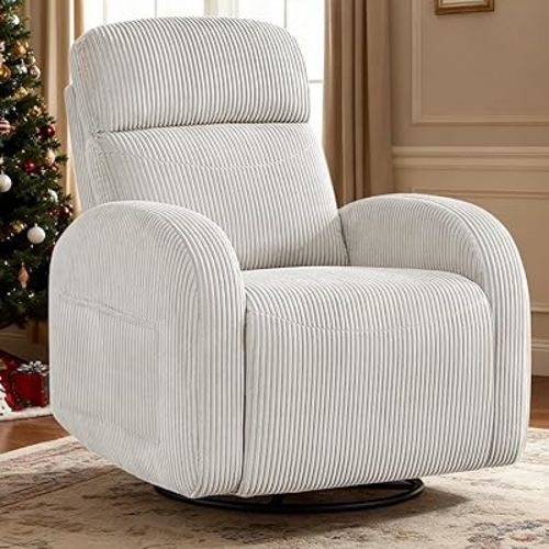 Swivel Rocker Recliner for Nursery, Glider Recliner Nursery Chair, Rocking Recliner Chairs with Double Pockets for Living Room, Camel Corduroy