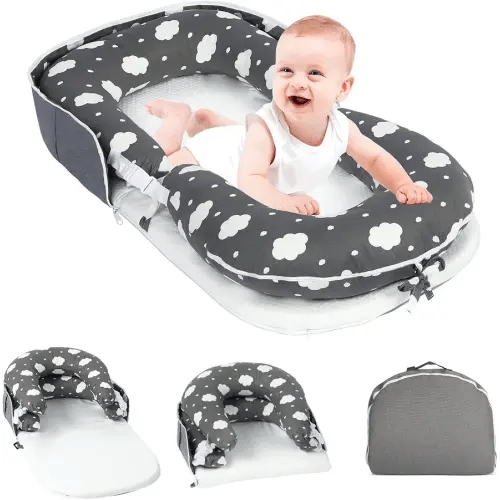 Portable Baby Lounger & Tummy Time with Zip-Up Carry Bag, Infant Support Cushion for Newborns to Toddlers (Cloud)