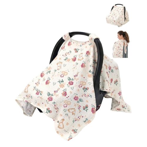 Muslin Car Seat Cover Baby & Nursing Cover, Soft Breathable Infant Carseat Covers for Summer, Windproof Car Seat Canopy for Boys Girls (Cute Rabbit)