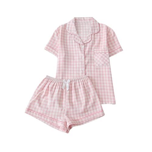 Verdusa Women's Plaid 2 Piece Cute Pajama Sets Short Sleeve Button Down Shirts with Shorts Loungewear