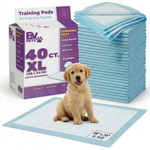 BV Puppy Pads XL 40 Count 34"x28" - Leak-Proof Pee Pads for Dogs with 6-Layer Design, Rapid Dry Sheet & Attractant - Dog Pad Extra Large with Odor Control - Perfect for Big Dogs & Indoor Use