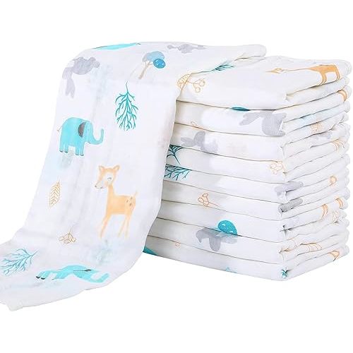 Yoofoss Muslin Burp Cloths for Baby 10 Pack 100% Cotton Baby Washcloths for Boys Girls Large 20''X10'' Super Soft and Absorbent Elephant