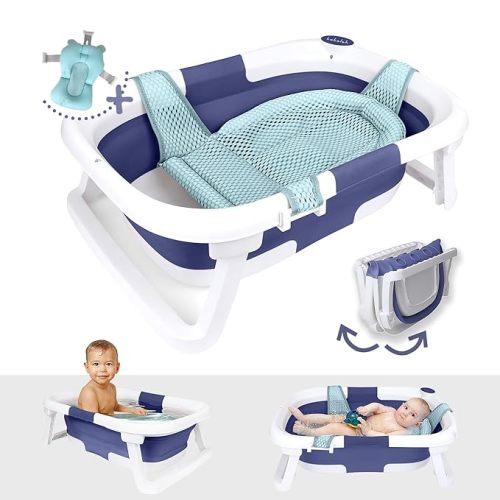 BEBELEH™ Collapsible Baby Bathtub – Bathtub + Baby tub Sling + Newborn Sling – Baby Bathtub Newborn to Toddler 0-24 Months – The Ultimate Travel Baby Bath Tub and Everyday Use! (Blue)