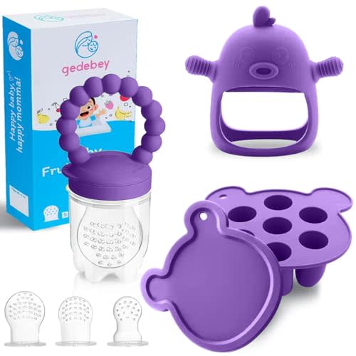Gedebey 3-in-1 Baby Food & Fruit Feeder Set  Breastmilk Popsicle Mold with Freezer Tray, Teething Relief Toy, BPA Free Infant Silicone Feeding Combo, 3 Bonus Sizes (S/M/L) Sacs (Purple)