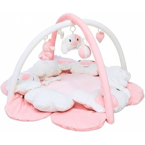 Baby Play Gym Mat - Ultra Soft 100% Cotton Thick Playmat with 6 Toys, Convertible to Ball Pit, Machine Washable & Adjustable for Newborn to Toddler (Pink Dog)