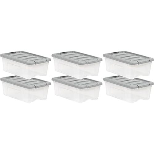Amazon Basics Plastic Storage Containers with Secure Latching Lids, Stackable Organization Bins for Organizing, Clear/Grey, 12 Quart, Set of 6
