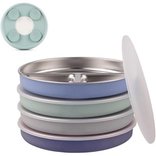 Elk and Friends Stainless Steel Divided Plates with Silicone Sleeve for Babies & Toddlers | Lids Included | Stay Put Suction | Dinner & Snack Plates | 4 Pack