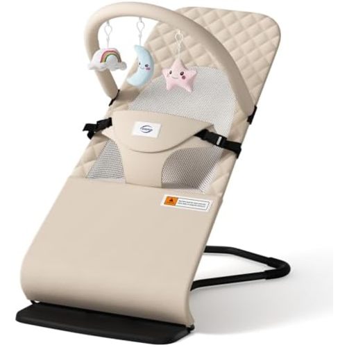 Baby Bouncer Seat for Babies 0-12 Months, Ergonomic Infant Rocker, Beige