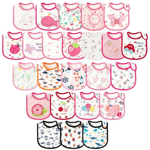 Cotton Waterproof Baby Bibs - 24Pcs Adjustable Hook Loop Closure Bib for Feeding Teething Drooling Eating, 6-12 Months