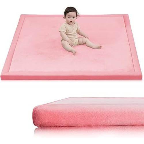 Huloo Sleep Ultra Soft Baby Play Mat for Floor, 1.3" Thick Elasti-Foam 59x59 Play Mat for Playpen,Water-Repellent Coral Velvet for Tummy Time, Non-Slip Backing,Safe for Toddlers & Infants（Pink）
