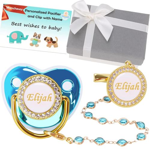 Custom Pacifier with Name, Personalized Pacifier Set with Gift Box, Glitter Crystal Luxury Bling Soother Dummy Ideal Gift for Boys Baby Shower Birthday Christmas Newborn Photography(Blue)