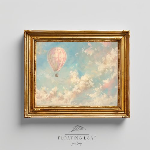 Whimsical Hot Air Balloon Art Print, Muted Pastel Cloud Painting, Pink Clouds Print, Nursery Wall Decor, Vintage Sky Oil Painting