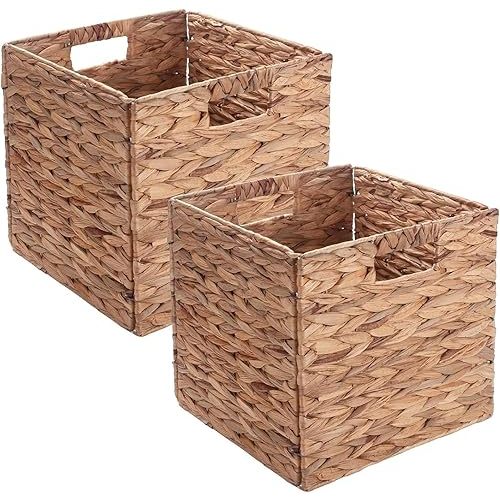 Set of 2 Wicker Storage Basket, Woven Baskets for Storage, Foldable Wicker Storage Basket for Shelf, Cube Storage Bin for Shelves, Water Hyacinth Laundry Organizer Square Shelf Baskets, 12''x12''x12''