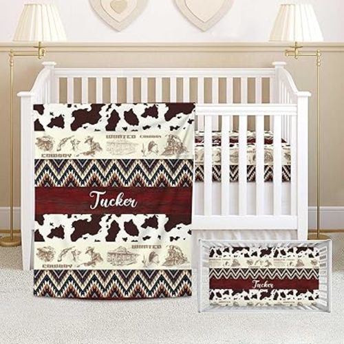 Personalized Cowboy Baby Crib Bedding Set – Custom 2-Piece Nursery Set for Boys with Name, Flannel Blanket & Fitted Crib Sheet for Newborn, Infant, Toddler