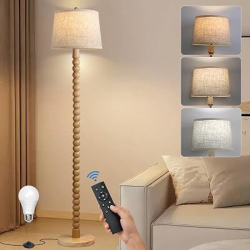 Wood Floor Lamp for Living Room,Real Wood Standing Lamp with Color Changing Bulb, Tall Lamp with Linen Shade, Floor Lamp for Bedroom,Corner,Dining Room (Natural Wood Finish with Remote LED Bulb)