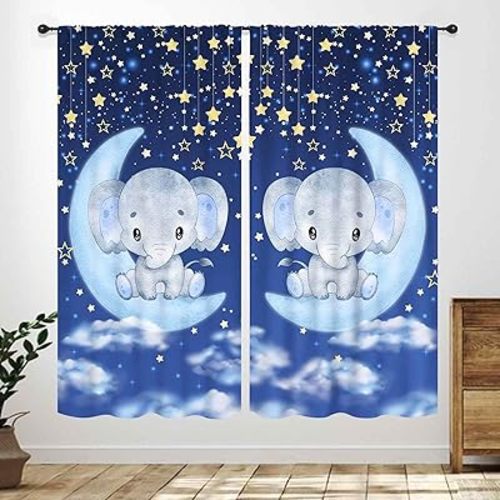 Cartoon Elephant Kids Curtains,Baby Boys Girls Cute Lovely Animal Watercolor Blue Window Treatments for Bedroom Living Room Classroom Drapes 2 Panels,42X45 Inch