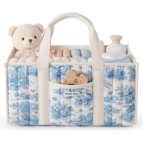 Blissful Diary Toile Diaper Caddy Organizer, Baby Diaper Basket, Blue Toile