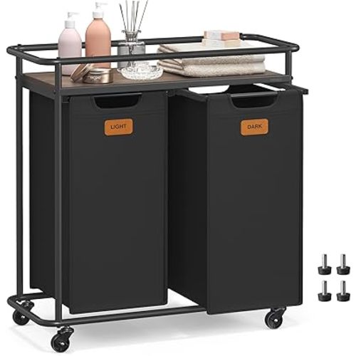 VASAGLE Laundry Sorter, Laundry Hamper with Wheels, 26.4 Gal. (100 L) Portable Rolling Cart Baskets with Shelf, 2 Removable Liners and 6 Labels, Ink Black and Chestnut Brown UBLH102BH01
