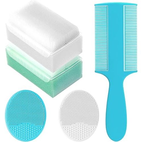 Cradle Cap Brush for Babies, Set of 5 Baby Bath Essentials with Bath Sponge Silicone Scrubber Long Handle Comb for Newborns Toddlers Boys Girls (Green)
