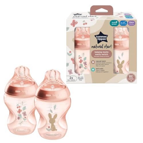 Tommee Tippee Natural Start Baby Bottles, Anti-Colic, 0m+, 9oz | Pack of 2, Slow Flow Breast-Like Nipple, Self-Sterilizing, Seamless Bottle-to-Breast Transition, Pink, BPA Free