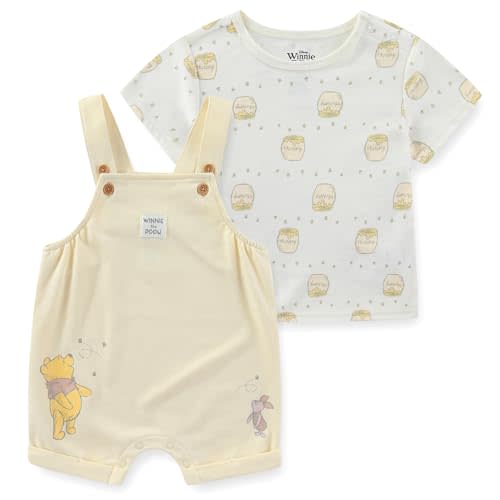 Disney Winnie the Pooh Baby Boys French Terry Shortall Overalls with Shirt 2-Piece Set for Infant