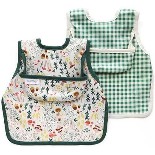 Esembly Bib for Baby, Waterproof 2 pack - Fungi + Verdant Gingham, Size 1