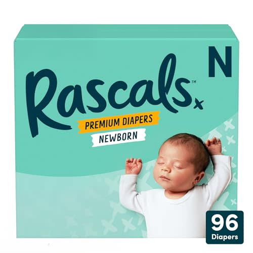 Rascals Premium Absorbent Baby Diapers with Deep Pocket and Triple Leak Guards for Blowout Protection (N-96ct)