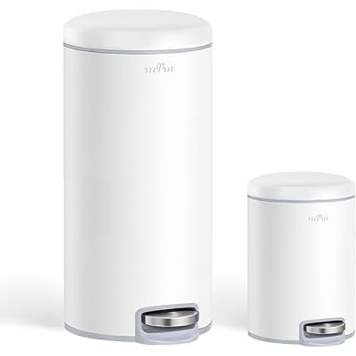 mVm Trash Can Set, 8 Gallon(30L)+1.3 Gallon(5L) Kitchen Bathroom Trash Cans Combo, Step Round Stainless Steel Garbage Can with Lid, Anti-Fingerprint,Soft-Close,for Home Office(White)