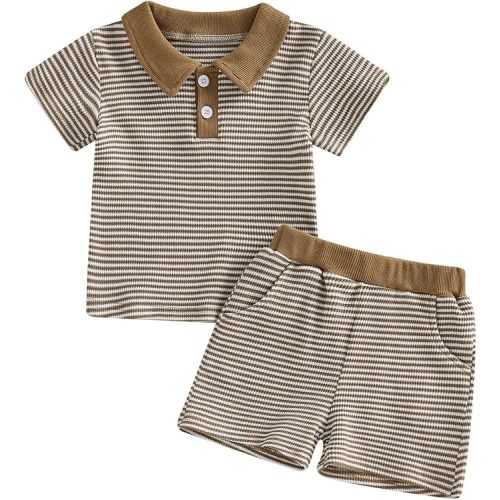 VISGOGO Baby Boy Summer Outfit Striped Short Sleeve T-shirt Toddler Boy Summer Clothes 6 12 18 Months 2 3 4 5 6 T Short Set