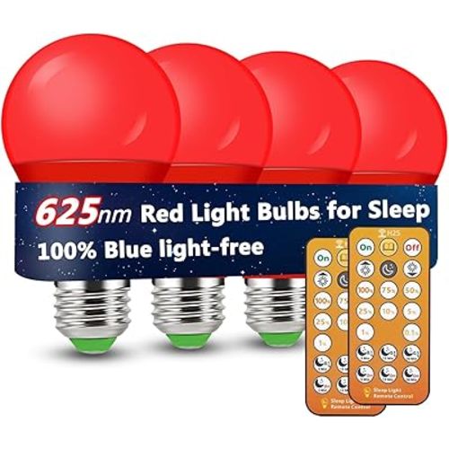 Red Light Bulbs for Sleep with Remote Control, E26 LED Blue Light Blocking A19, 9W for Sleep Therapy, Baby Nursery, Bedroom (4 Packs)