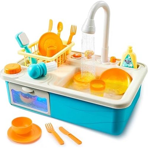 Color Changing Play Sink Kitchen Toys - Pretend and Play Toddler Toy with Running Water, Electric Dishwasher and Chopping Sounds - Automatic Water Cycle System Birthday Gift for Girls Boys