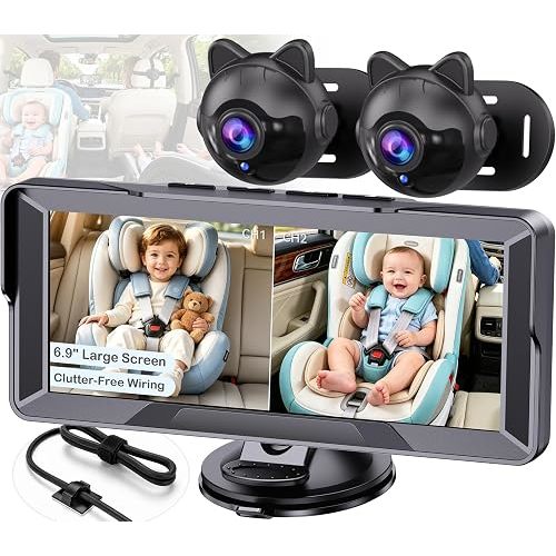 1080P Dual Baby Car Camera for 2-Kids: 6.9" Large Split-Screen for Two-Seat