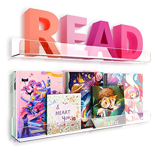 2 Packs 24 inches Clear Acrylic Shelves,Book Shelf for wall | Wall Mounted Display for Kids Room,Nursery,Toddler,Classroom
