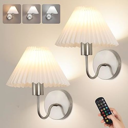 Wireless Wall Sconce Sets of 2, Pleated Shades Rechargeable Battery Operated Wall Sconce, Retro gooseneck Brushed Nickel Bathroom Vanity Lights, Wall Mounted Lamps for Bedroom Living Room Hallway