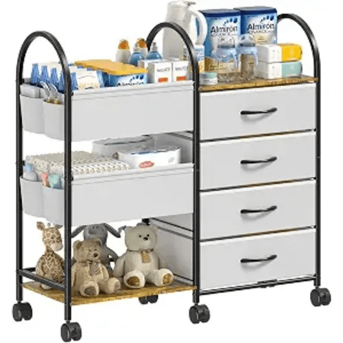 Baby Diaper Caddy Organizer Cart with Wheels, 4-Tier Rolling Diaper Cart with Dividers and Drawers, Multi-Layer Nursery Storage for Diapers & Baby Essentials
