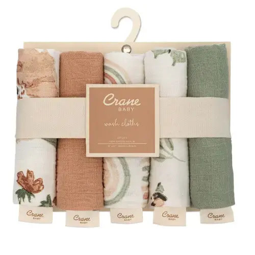 Crane Baby – Parker 5-pc. Muslin Cotton Washcloth Set (Pink Floral)