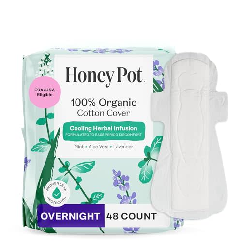 The Honey Pot Company - Cooling Herbal - Overnight - Pads for Women | Cooling Effect - Infused w/Mint, Aloe, Lavender - Organic Cotton Cover - Menstrual Pads w/Wings - Feminine Care - 48ct