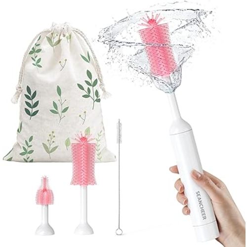 SEANCHEER S02 Electric Bottle Brush Set, Portable Baby Bottle Brush Cleaner, AA Battery-Powered & IPX7 Waterproof, with Silicone Bottle/Nipple/Straw Brush, for Home & Travel (Pink)