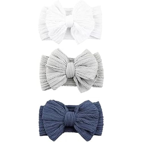 3 Pcs Baby Bows Headbands Soft Nylon Hairbands Super Elastic Headband Hair Accessories For Baby Girls Infant Toddler Essentials (White Grey Blue, Mid)