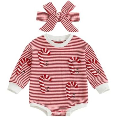 Newborn Infant Baby Girl Christmas Outfit Candy Cane Onesie Red Striped Romper Long Sleeve Bodysuit + Headband